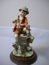 Vintage Large Statue On Wooden Base Boy Sitting On A Rock With Fish Porcelain - £19.77 GBP