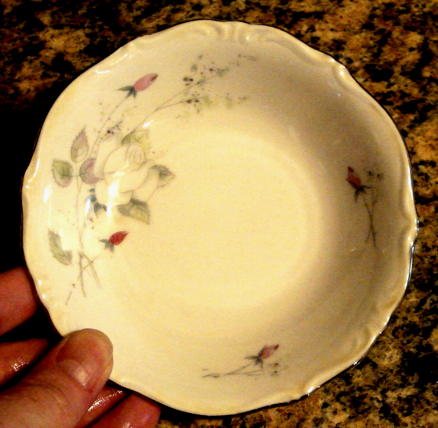 Schaller &amp; Co BAVARIA GERMANY DESSERT BOWL Dish 1930s Pink Gray Rose Bud... - $15.79