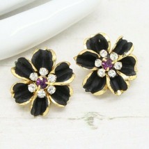 Stunning Vintage Czech Crystal Black Enamel Flower Clip On EARRINGS Jewe... - £17.19 GBP