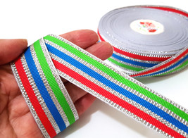 1&quot; 25mm wide 19y Red Blue GreEN Silver Metallic Polyester Grosgrain Ribbon MR39 - £11.18 GBP