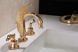 Luxury 24K Gold  8&quot; widespread bathroom lavatory swan sink faucet deck mounted - £2,911.42 GBP
