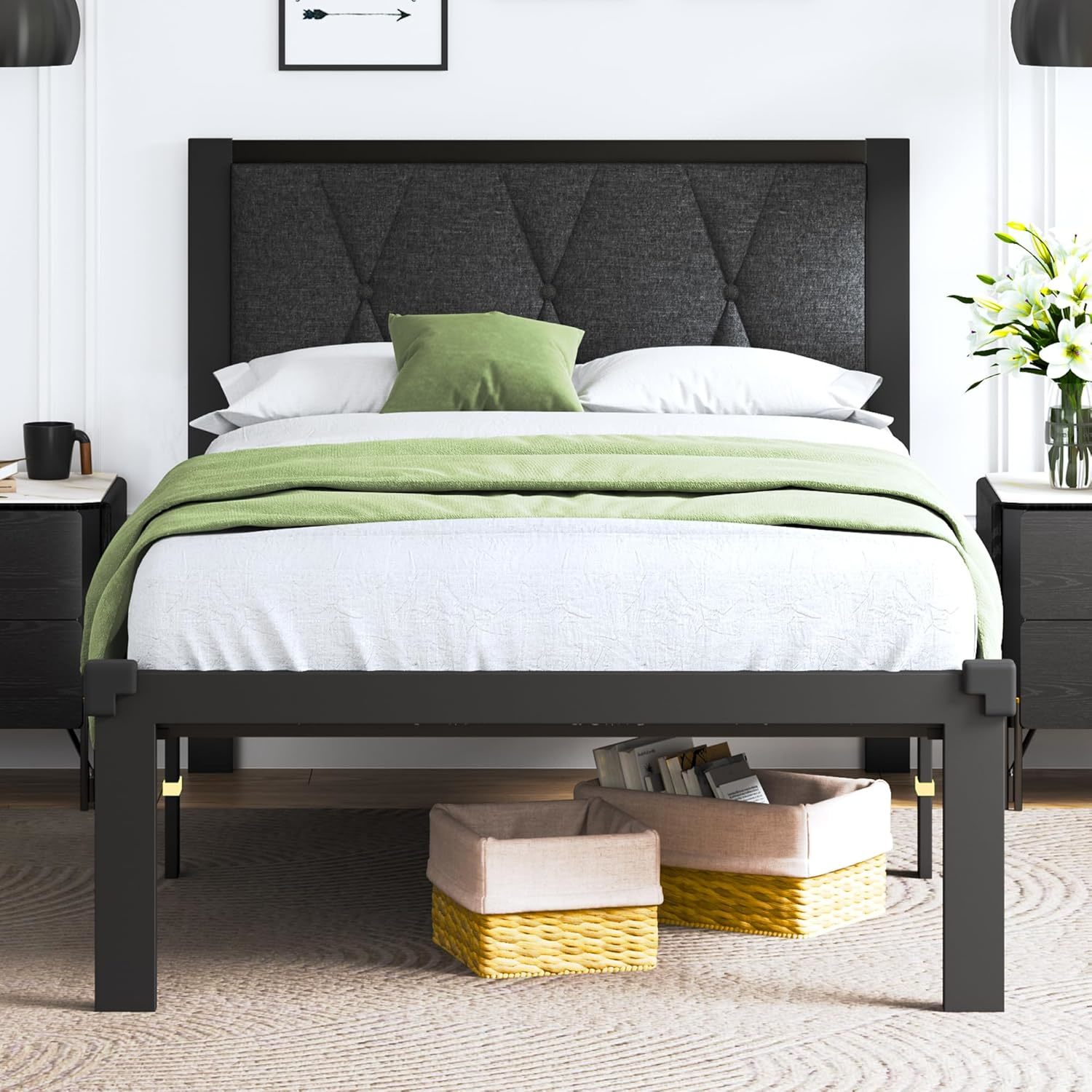Feonase Twin Size Metal Bed Frame With Fabric Button Tufted, Dark Grey - $102.94