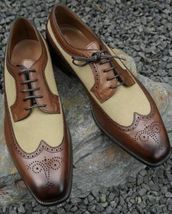 Handmade Men Brown Beige Brogue Leather Derby Wingtip Dress Formal Shoes For Men - £103.18 GBP