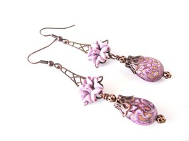 Antique Copper Filigree Sherbert Lily Earrings in Lavender Teardrop dangle - £17.58 GBP