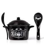 Alchemy Gothic Black Bat Broth Bowl Witch Lid Spoon Bone China MW DW Saf... - $29.95
