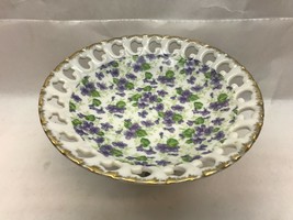 Vintage Lefton China 650V Reticulated Compote Dish Purple Flowers Gold Rim - £19.07 GBP