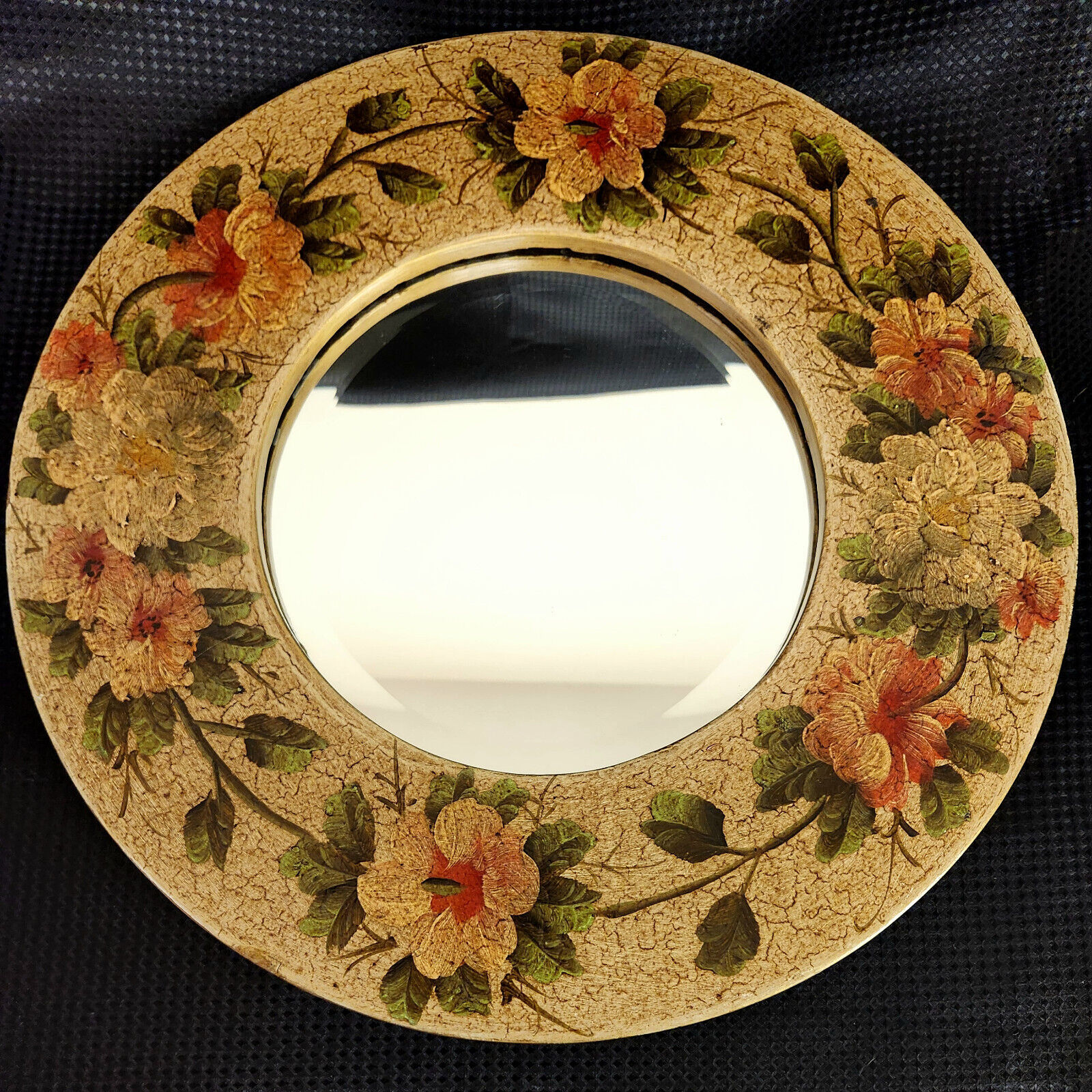 Vintage Floral Motif Round Beveled Mirror-EUC