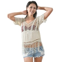 Tropical &amp; Dazzling Cream Colored Crochet Fringe Trim Cover Up - £14.19 GBP