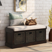 Rustic Storage Bench with 3 Removable Classic Rattan Basket, Espresso - £233.84 GBP