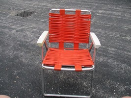 Vintage Orange Vinyl Plastic Tubing Aluminum Folding Lawn Beach Chair - £46.60 GBP