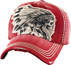 Native American Indian Chief Vintage Skull Distressed Red Hat by KB Ethos - £15.13 GBP