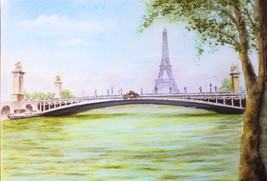 Dibujo del puente de Alejandro III y la Torre Eiffel. Torre Eiffel. Cuadro. - $129.00