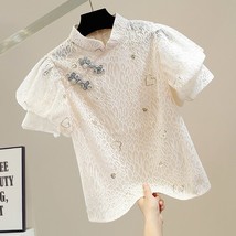 Vintage Women Shirt Crumpled Bubble Sleeve Stand Collar Sequins Top Girls Croche - £100.55 GBP