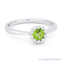 0.52ct Round Cut Green Peridot Gem &amp; Diamond Halo Promise Ring in 14k White Gold - £409.98 GBP