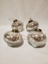 4 Kugel Style Silver Mercury Crackle Glass 3.5&quot; Onion Shaped Christmas Ornaments - £39.46 GBP