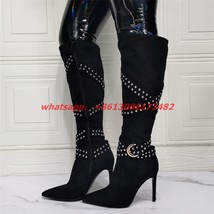 elegant woman design black suede leather Pointed toe rivet belt stiletto heel kn - £154.64 GBP