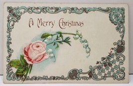 Precious Blue Scrolls Pink Rose Merry Christmas Quaint German Postcard E18 - £4.67 GBP