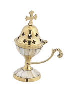 5.5&quot; Mother of Pearl Greek Orthodox Brass Incense Burner High Quality 14cm - £17.82 GBP