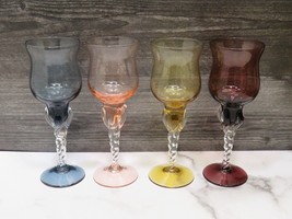 4 Blown Glass Twisted Stem Wine Glasses Amethyst Rose Smoke Amber - $53.46