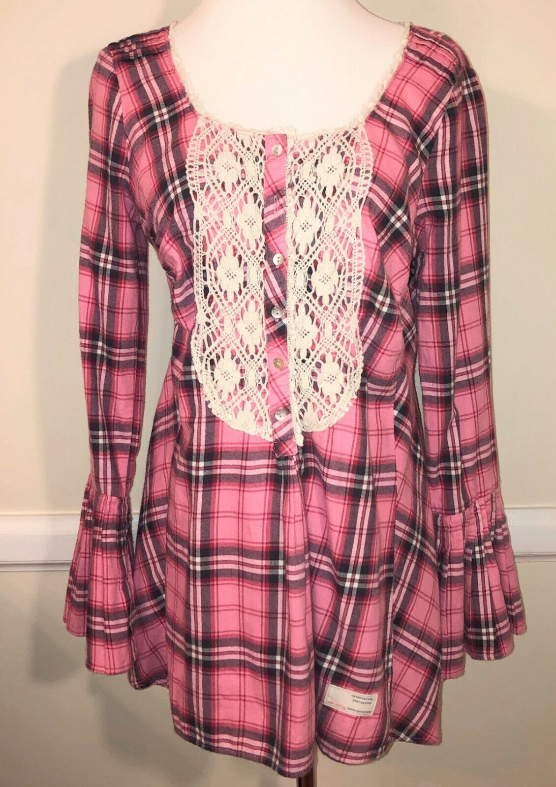 Vintage Odd Molly Pink Plaid Henley Long Lace Trim Cotton Top Size M Tun... - $24.99