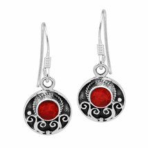Dainty Vintage Style Circle Red Coral Inlaid Sterling Silver Dangle Earrings - £8.82 GBP