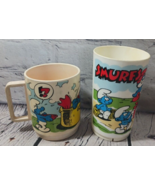 Vintage Set/2 Smurfs Plastic Mug &amp; Cup Tumbler USA Smurf Deka  READ DESC... - £6.20 GBP