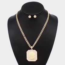 Gold Lionhead Square Medallion Pendant Chain Link Necklace Fashion Jewelry Trend - £25.24 GBP