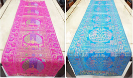 Banarasi Silk Table Runner Ethnic Peacock Elephant Golden Zari Work Tape... - $27.01