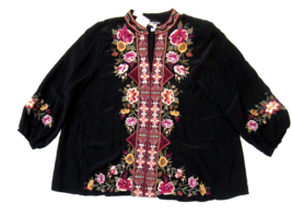 NWT Johnny Was Nepal in Black Silk  Embroidered Effortless Swing Blouse ... - $148.50