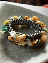 Green &amp; Cream Mother of Pearl Nugget Bead Silvertone Stretch Bracelet – will fit - £7.13 GBP