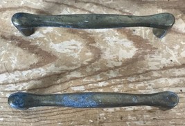Set Pair Vtg 70s Antique Brass Distressed Metal Drawer Handles Pulls 3” ... - $22.92 CAD