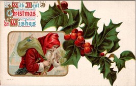 Santa Claus Father Christmas  Toy Sack Hollyberry Gilded Postcard X17 - £6.72 GBP