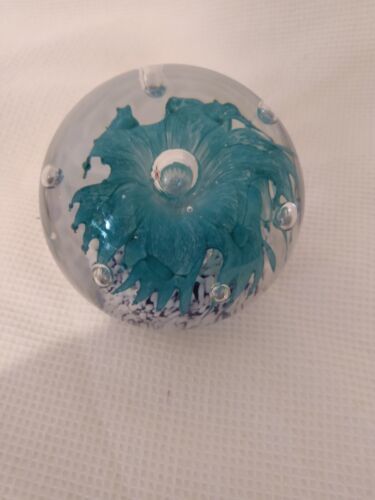 Primary image for Vintage Flower Paperweight with Bubble Inclusions 11" Glass Clear Turquoise blue
