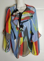 Bisou Bisou Multicolor Striped Lace-Up Neck Ruffle Chiffon Tunic Top Blouse SZ S - £10.63 GBP