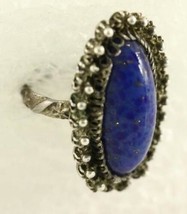 VINTAGE Sterling Silver Jewelry Ring Faux Lapis Glass Marquis Stone Inla... - $18.57