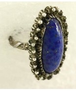 VINTAGE Sterling Silver Jewelry Ring Faux Lapis Glass Marquis Stone Inla... - £14.60 GBP