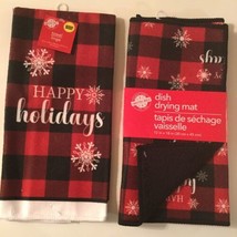 Christmas kitchen 2 pc towel flakes dish drying mat checked plaid red - £12.78 GBP