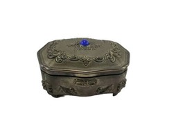 Vintage Silver Tone Metal Trinket Jewelry Box Blue Cabochon Red Liner - £15.49 GBP