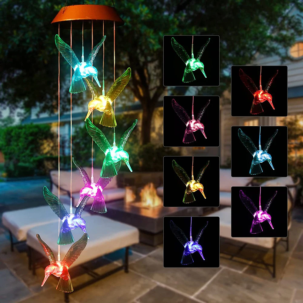 Solar Hummingbird Wind Chime 7-Color Changing Mobile LED Solar Wind Chime Outdoo - £152.52 GBP