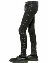 Genuine Side Lace Biker Stylish Black Designer Soft Lambskin Leather Pan... - £87.06 GBP+