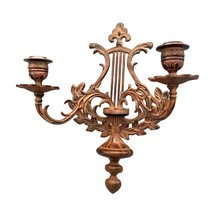 Ornate Double Candle Wall Sconce, Red Hued Cast Iron Harp and Laurel Design, Han - £74.23 GBP