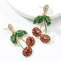 Gold Red Cherry Green Cute Pendant Fashion Jewelry Drop Crystal Dangle Earrings - £16.42 GBP