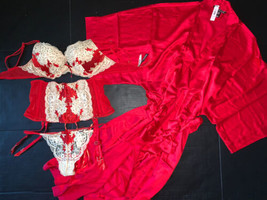 Victoria&#39;s Secret 34C,36B Conjunto Sujetador + Liguero + Bata Oro Rojo Beige Muy - £249.27 GBP