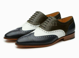 Handmade Men&#39;s Leather Three Tone Top Quality Wingtip Oxfords Brogue Shoes-980 - £175.19 GBP
