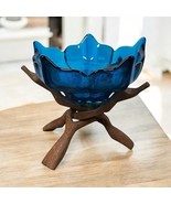 Vintage Blue Glass Lotus Bowl with Carved Wooden Intertwined Tripod Stan... - $69.29
