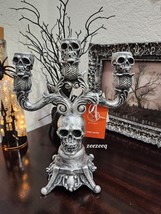 Halloween Martha Stewart Skull Gothic Candle Holder Silver Black Tabletop Decor - £32.12 GBP