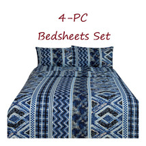 Geometric Pattern Bed Sheets Set   4-pc in Blue Full Queen and King Size - £27.44 GBP+