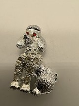 Vintage Rhinestone Silver Tone Poodle Brooch Pin Red Rhinestone Eyes - £14.94 GBP