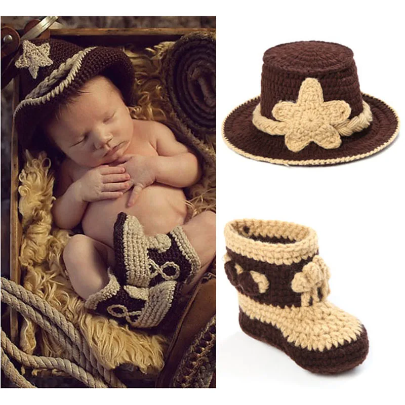 MOMLUVBB Crochet Baby boy Hat Boots Set Brown Newborn Boy Photo Props Handmade   - £56.77 GBP