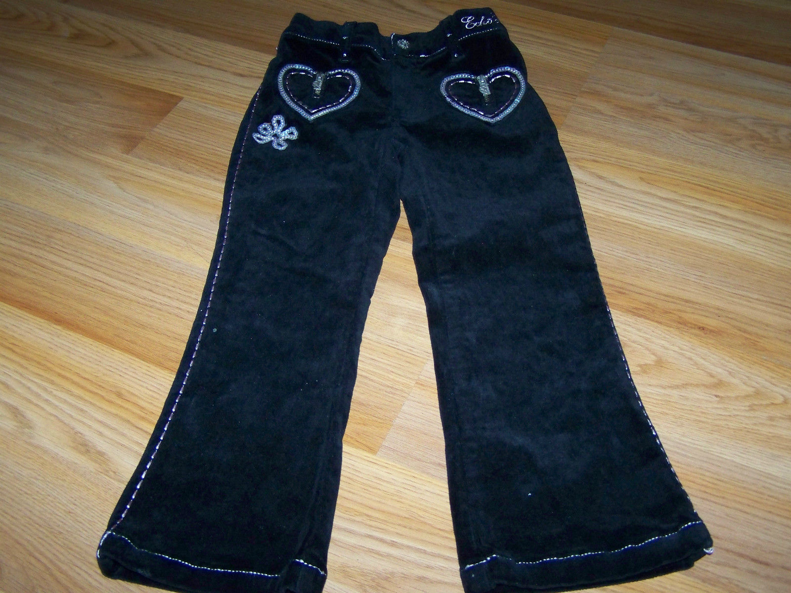 Girls Size 4 Ecko Red Black Velour Pants with Heart Pockets Boot Cut Sequined  - $15.00